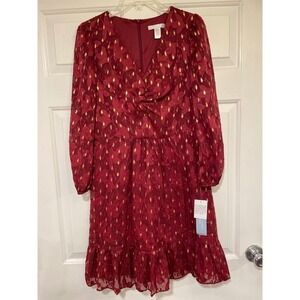 NEW London Times Red Flowy Dress Long Sleeve Ruffle Gold Print 10 Petite